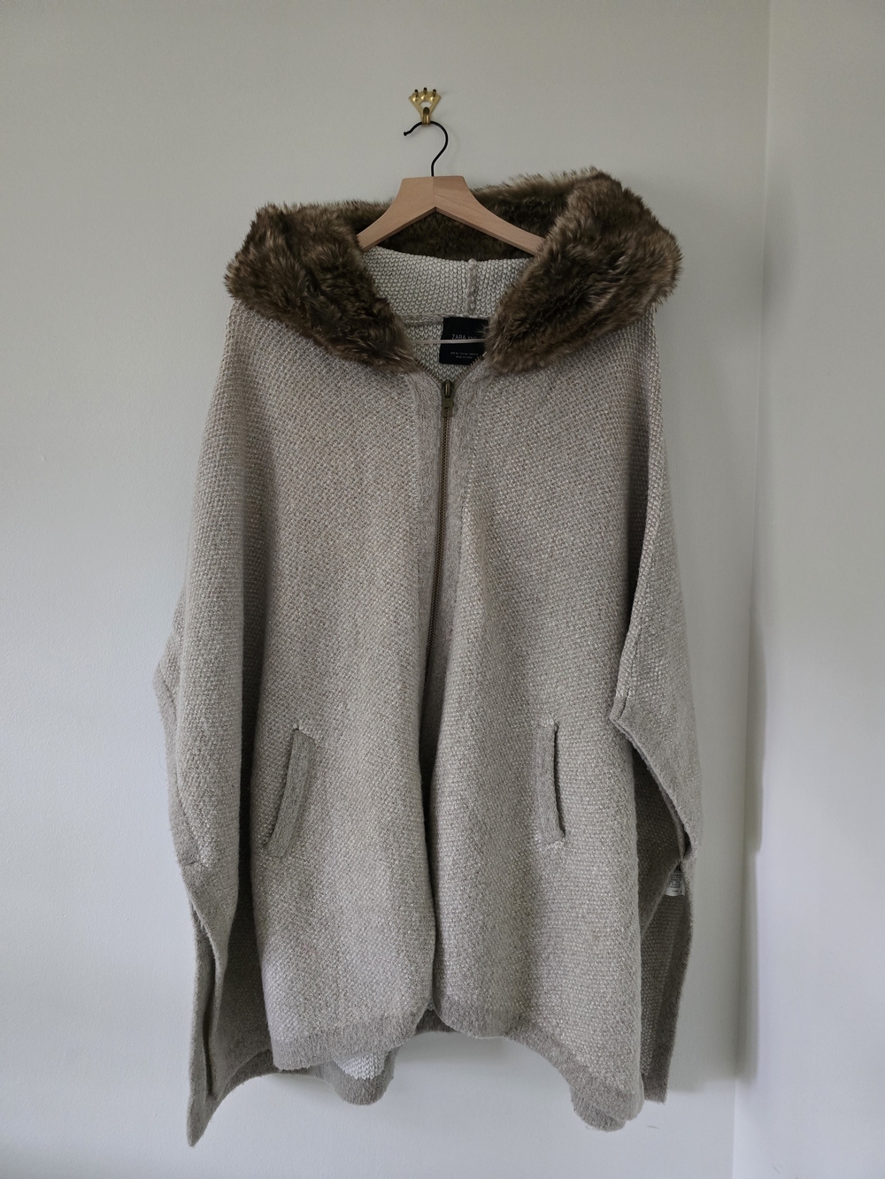 Zara Women's Hooded Knit Poncho Coat with Faux Fur Trim - Beige